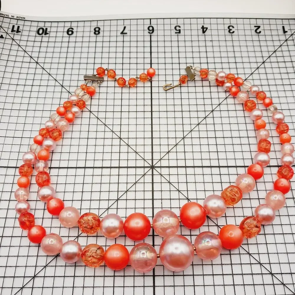 Necklace VTG Beaded Strand Pink Coral Faux Pearl Lucite Palm Beach Mid Century